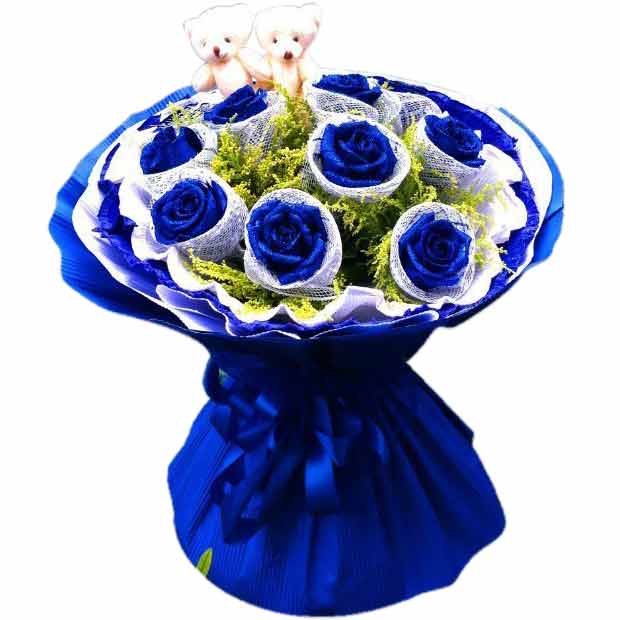 Teddy Meet Blue Roses - Chinese Valentine's Day