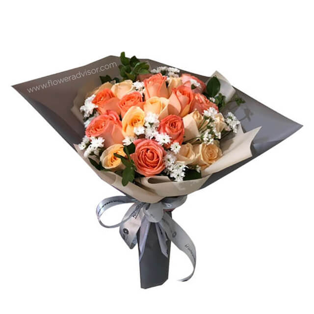 10 Champagne Roses and 10 Orange Roses Bouquet - Hand Bouquets