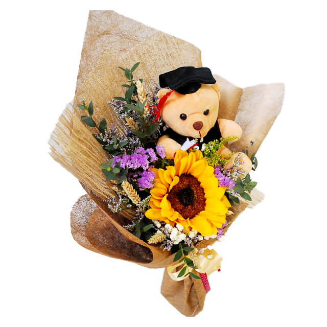 Sunflower Bouquet with Graduation Teddy Bear - Brilliant Glow - Graduation