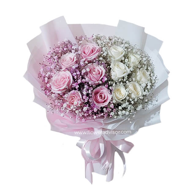 6 Pink Roses 6 White Roses Bouquet - Bling - Anniversary