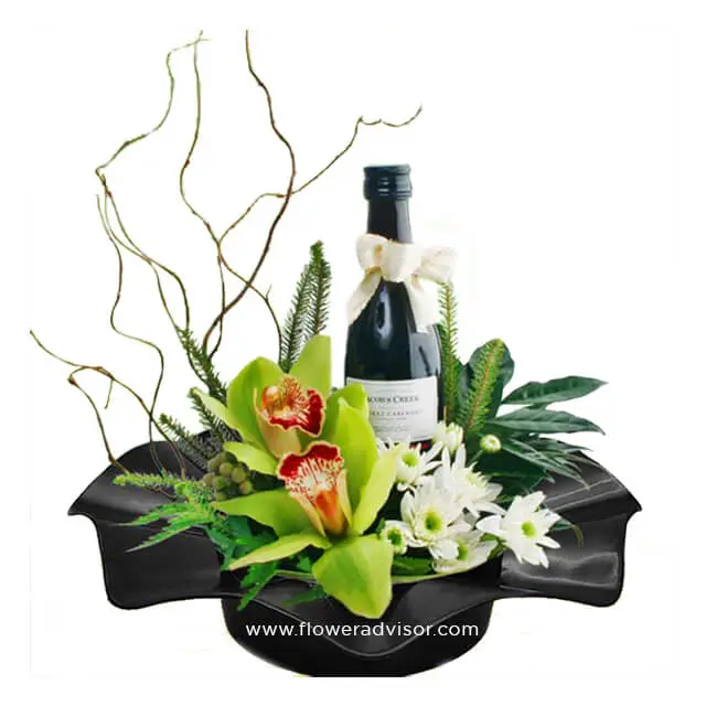 Cymbidium Arrangement with Red Wine - Exotic Luxury - Anniversary